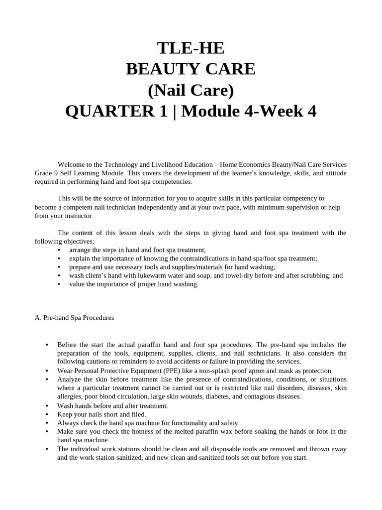 Grade 9 Nail Care Module | PDF | Hand Washing