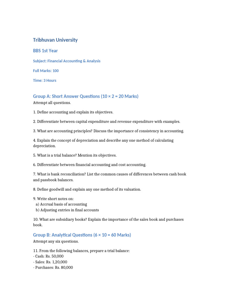 Bbs 1st Year Financial Accounting Question Paper Pdf Expense Banks