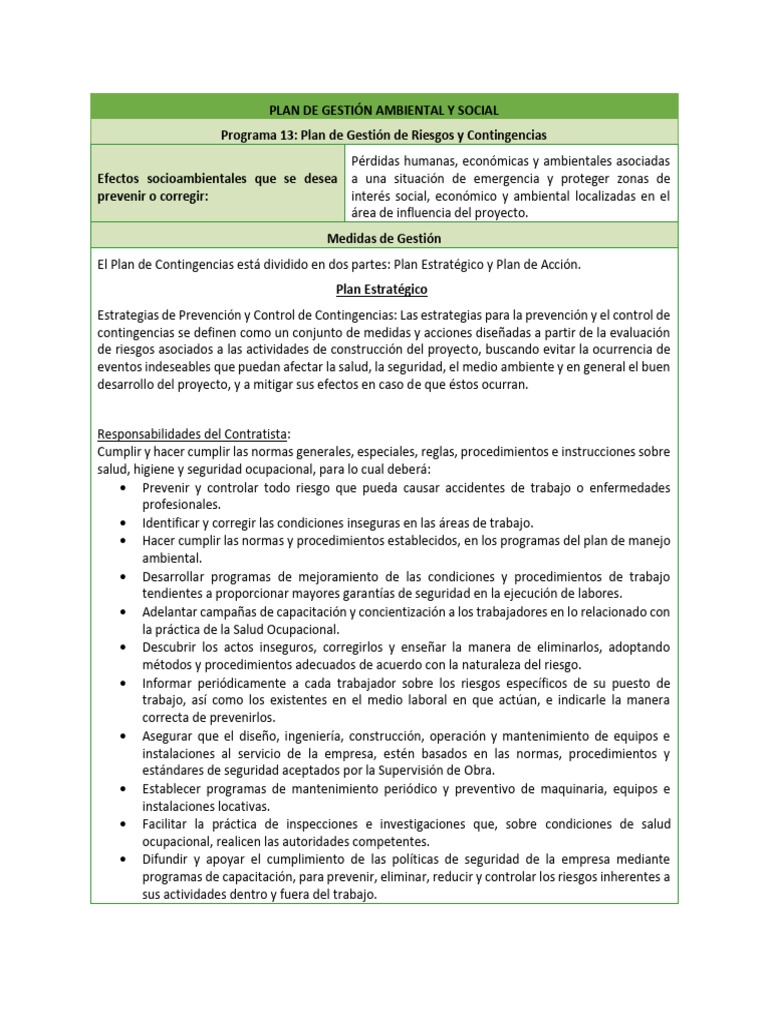 Plan de Gestión de Riesgos y Contingencias | PDF | Seguridad y salud ...