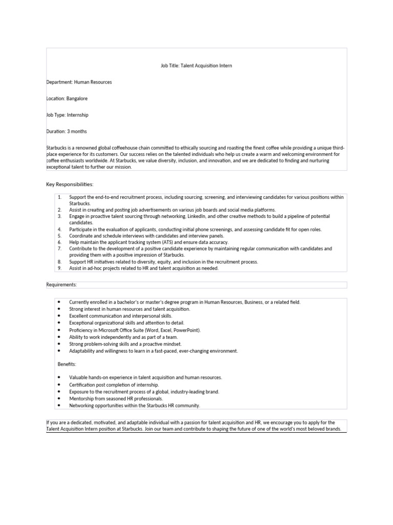 Talent Acquisition Intern at Starbucks | PDF | Recruitment | Human ...