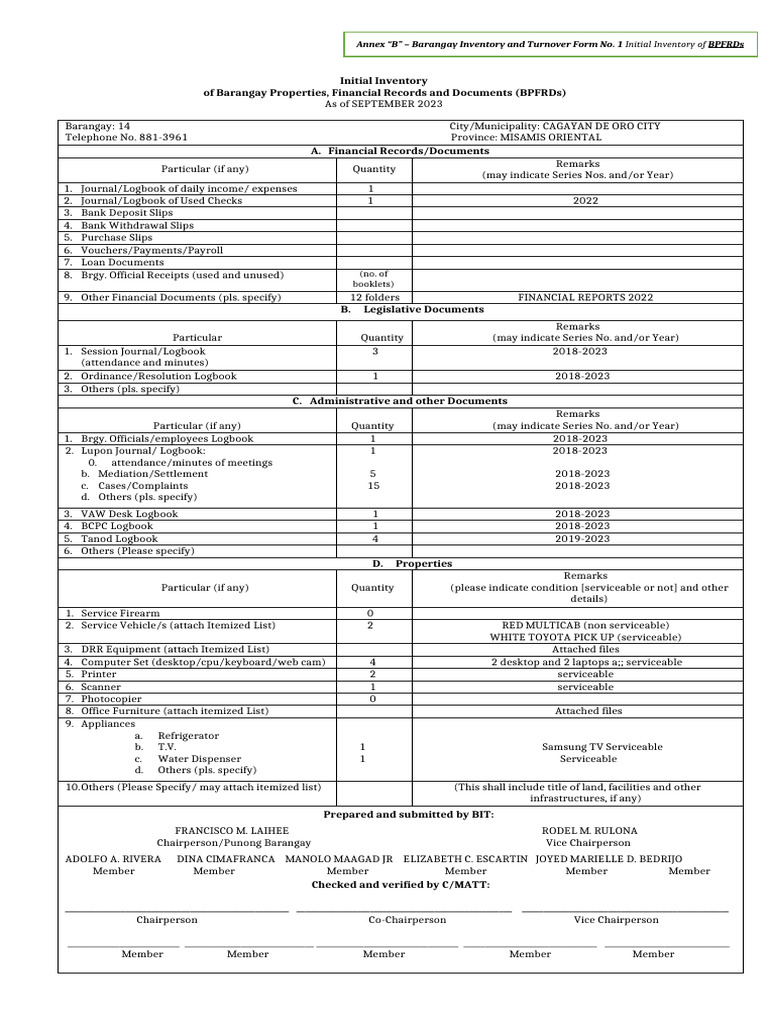 Initial Inventory of Barangay Assets | PDF | Office Equipment | Computing