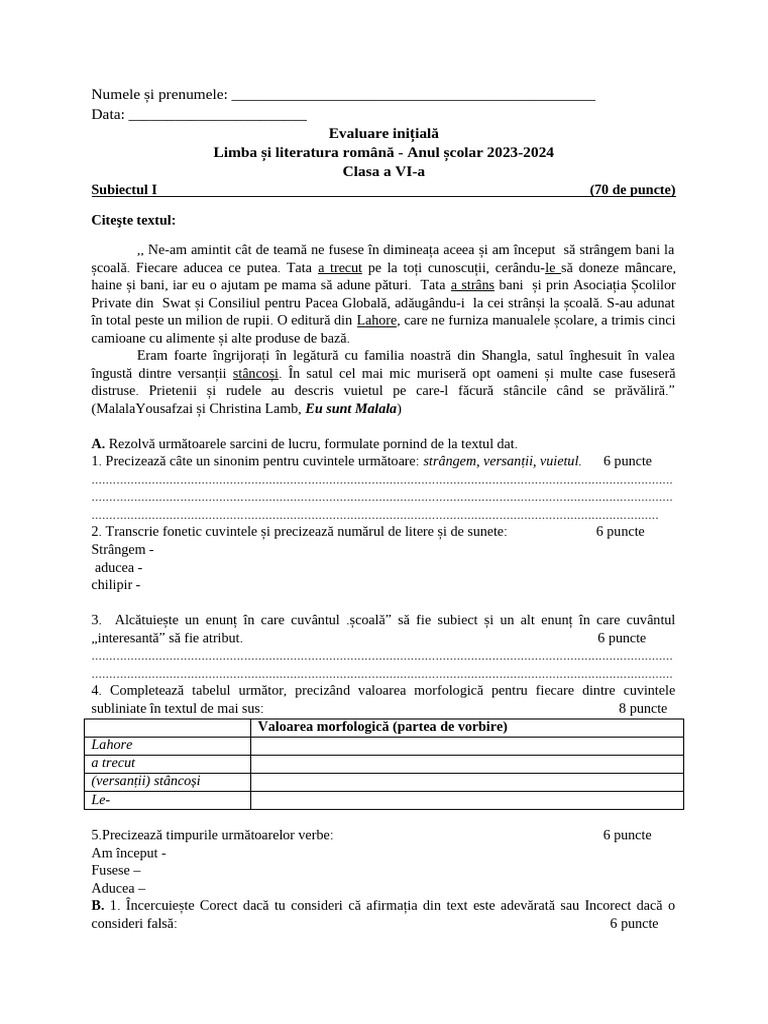 Evaluare Initiala A6a 2023 | PDF