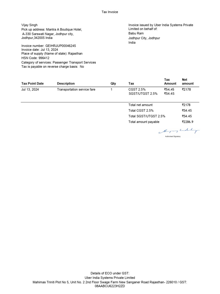 Tax Invoice for Passenger Transport Services | PDF