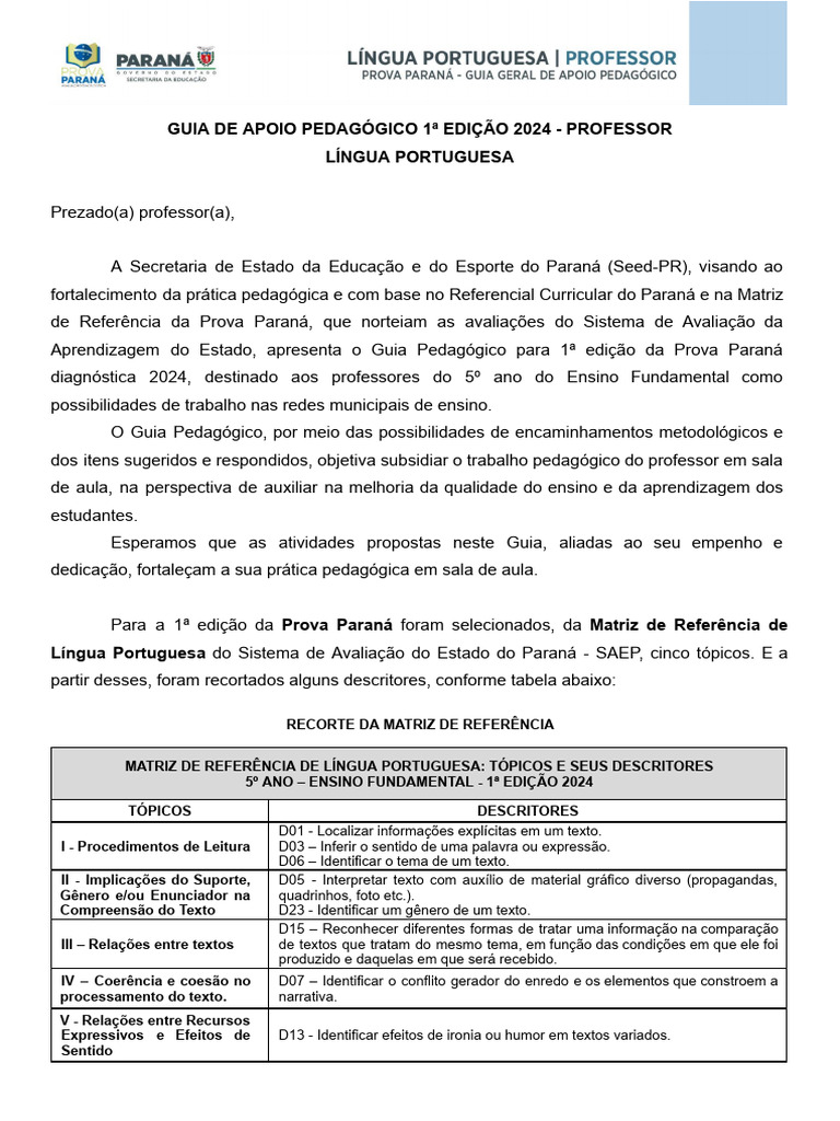 Guia Pedagógico Língua Portuguesa 2024 | PDF | Pedagogia | Bactérias