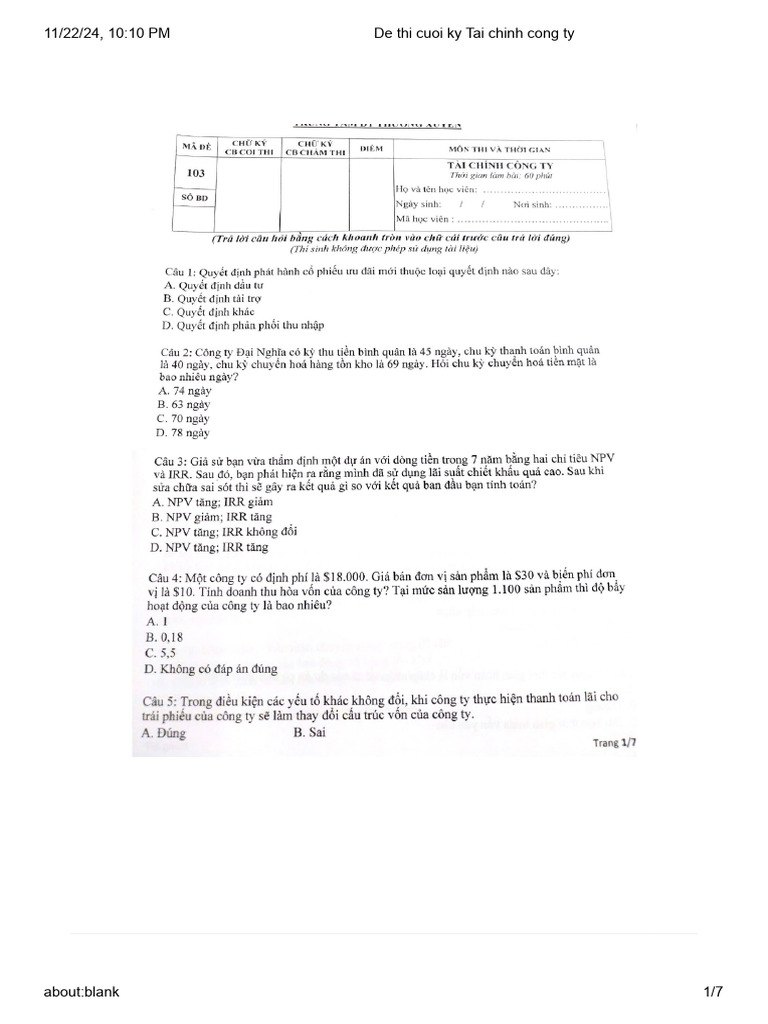 De thi cuoi ky tai chinh cong ty pdf