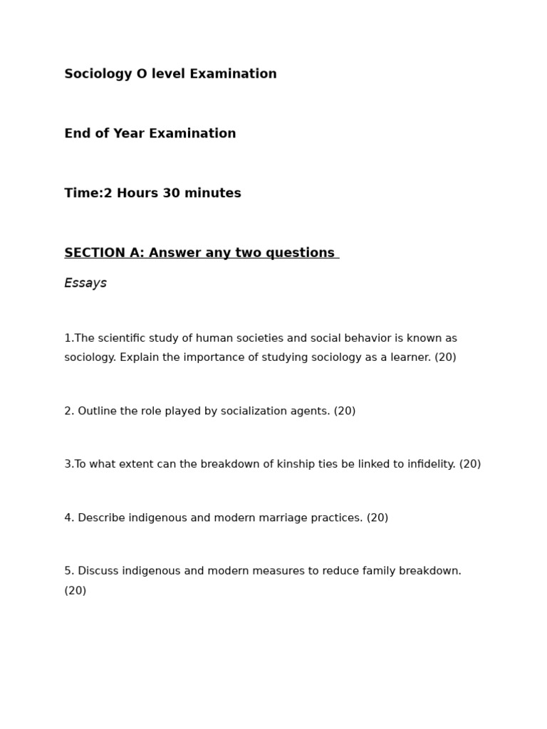 Sociology O Level Examination End of Year. | PDF | Career & Growth ...