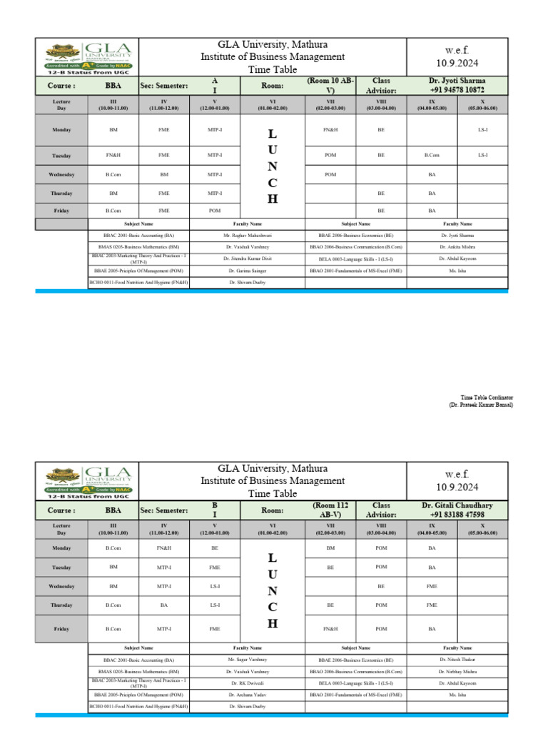 1st Year Time Table W.E.F 10.9.2024 | PDF | Educational Stages | Career ...
