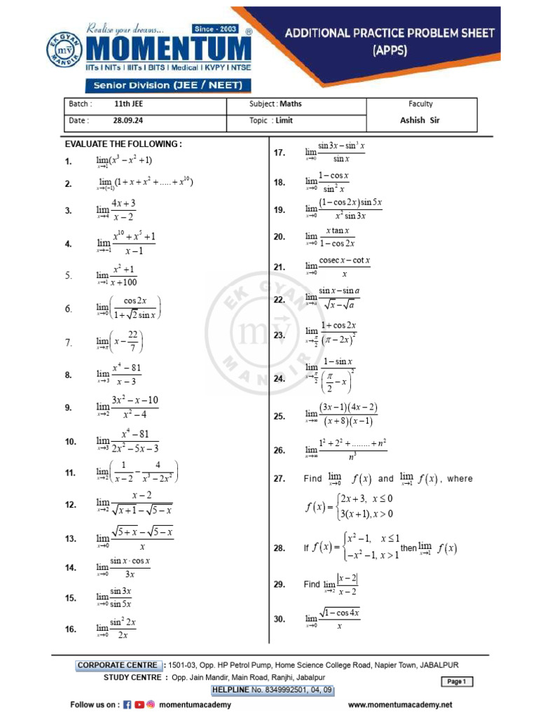 Limit Evaluation Questions and Answers | PDF
