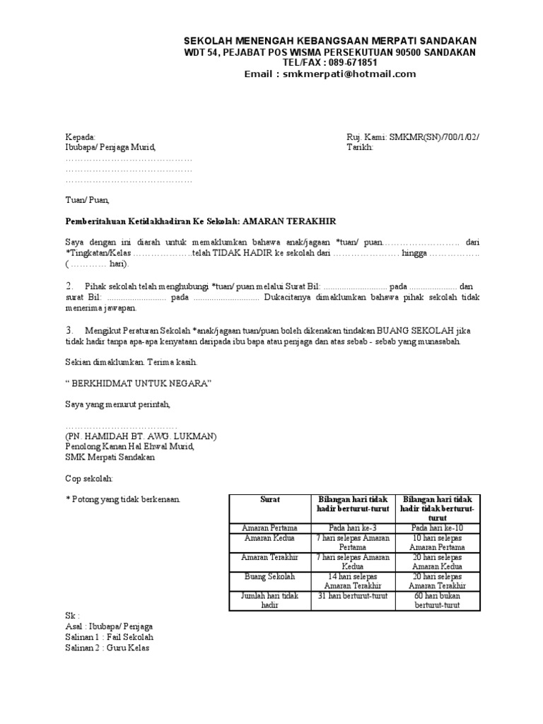 Surat Amaran Ponteng Sekolah Rendah