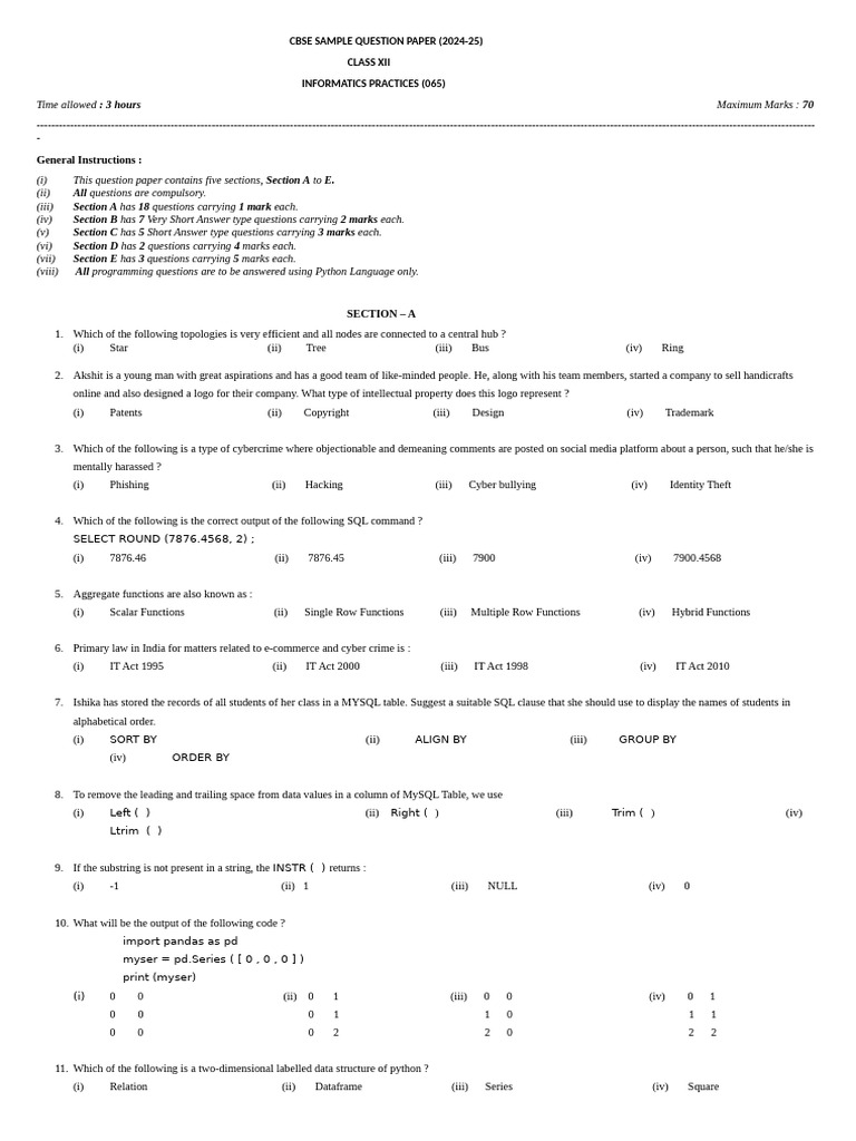 Cbse Sample Question Paper | PDF | Computing | Computer Programming