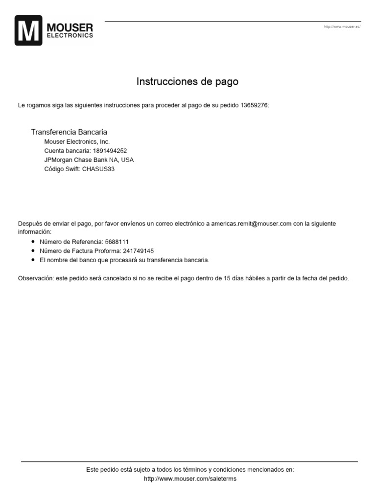 Instrucciones de Pago para Pedido Mouser | PDF | Finanzas personales ...