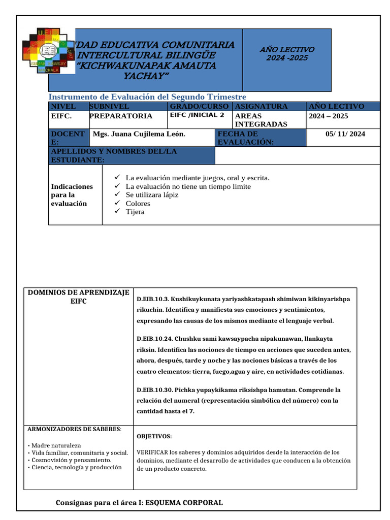 EVALUACÓN DE 2024 EIFC. U10 Segundo Trimestre | PDF | Mano