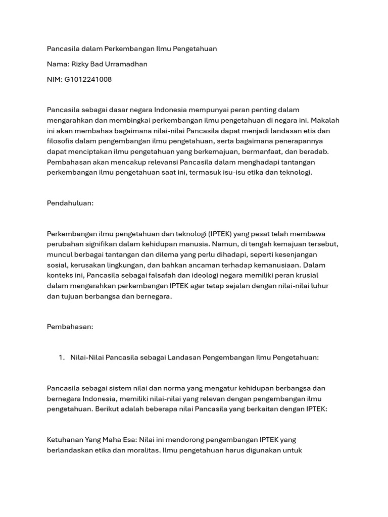 Pancasila dan Perkembangan IPTEK Indonesia | PDF | Ilmu Sosial | Sains ...