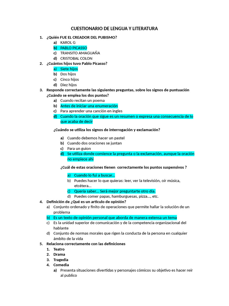 Cuestionario de Lengua y Literatura | PDF