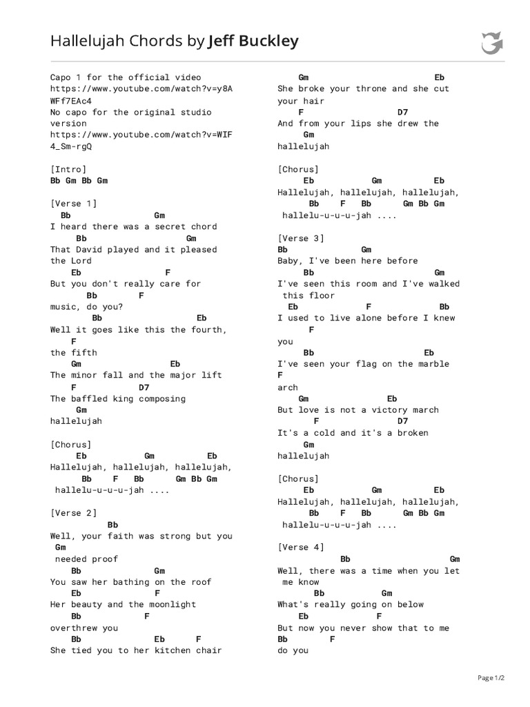 Hallelujah Chords (Ver 2) by Jeff Buckleytabs at Ultimate Guitar Archive PDF Song Structure