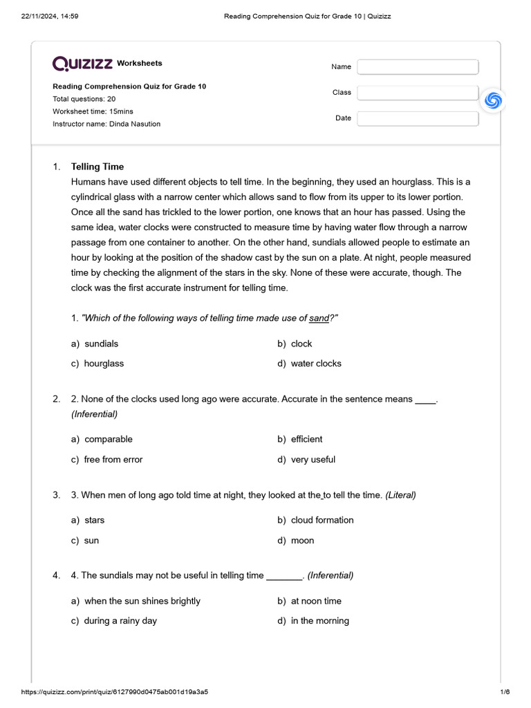 Reading comprehension quiz for grade 10 quizizz pdf rhinology