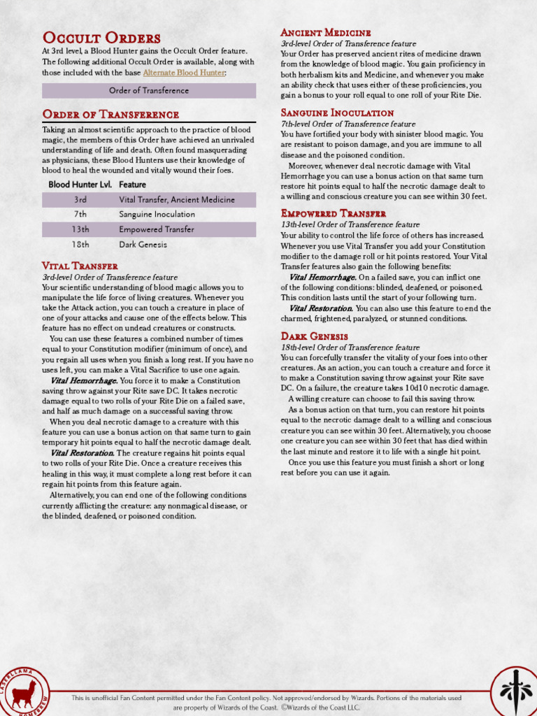 Blood Hunter (Alternate) - Order of Transference | PDF | Medicine