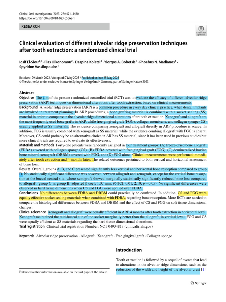 Clinical Evaluation of Diferent Alveolar Ridge Preservation Techniques ...