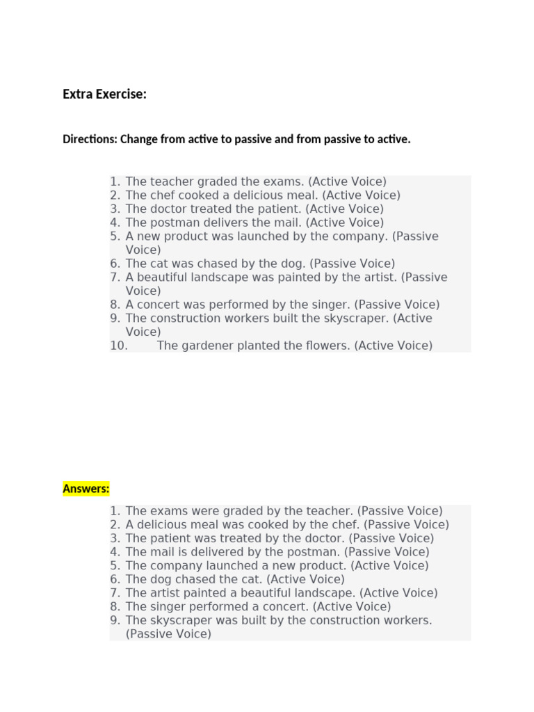 Extra Exercise Active and Passive Voice | PDF