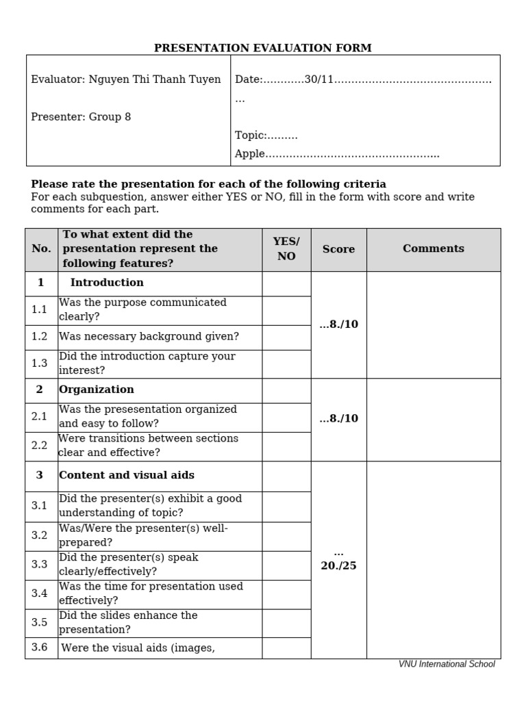 Presentation Evaluation Form VNUIS GR 8 | PDF | Human Communication ...
