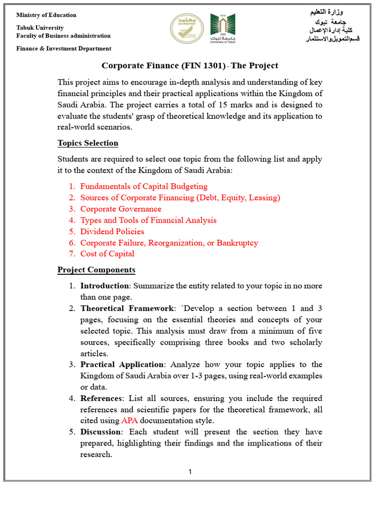 Corporate Finance Project Guidelines | PDF | Theory | Business