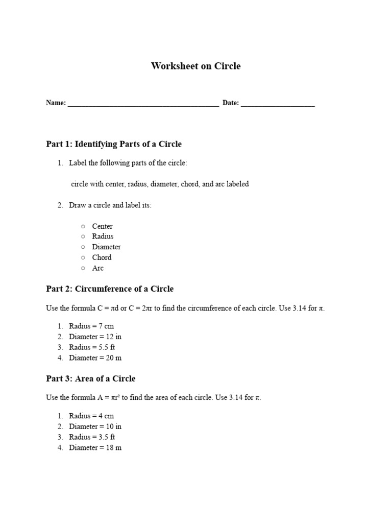 Circle Parts and Problem Solving Worksheet | PDF | Sports & Recreation ...