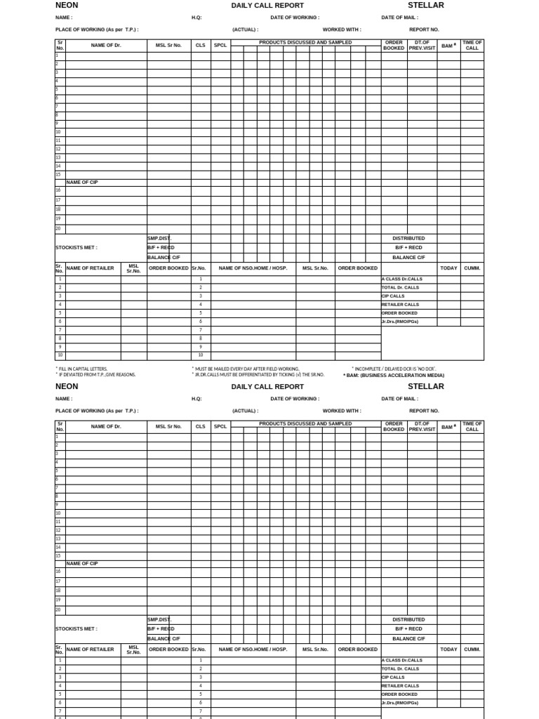 Neon Daily Call Report Template | PDF