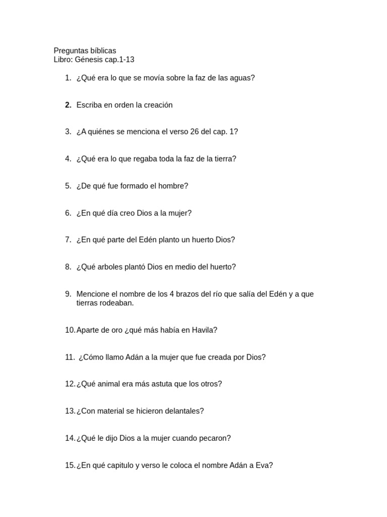 Preguntas de Génesis 1-13 | PDF | Adán | Noé