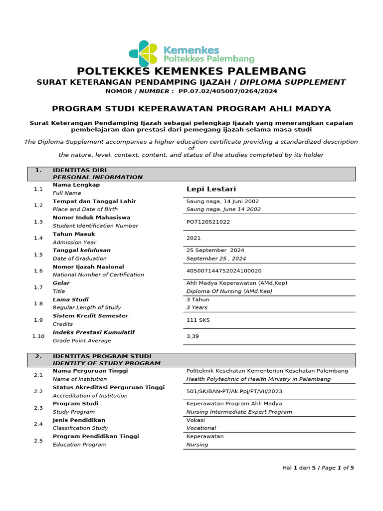 Surat Keterangan Ijazah Lepi Lestari | PDF