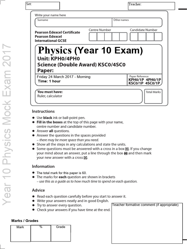 Year 10 Physics Mock Exam 2017 | PDF | Pressure | Gases