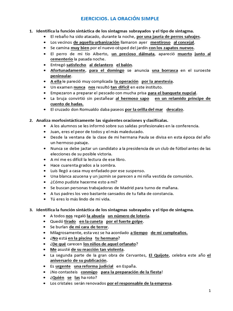 Ejercicios Funciones Sintácticas Y Análisis De Oraciones Simples Pdf