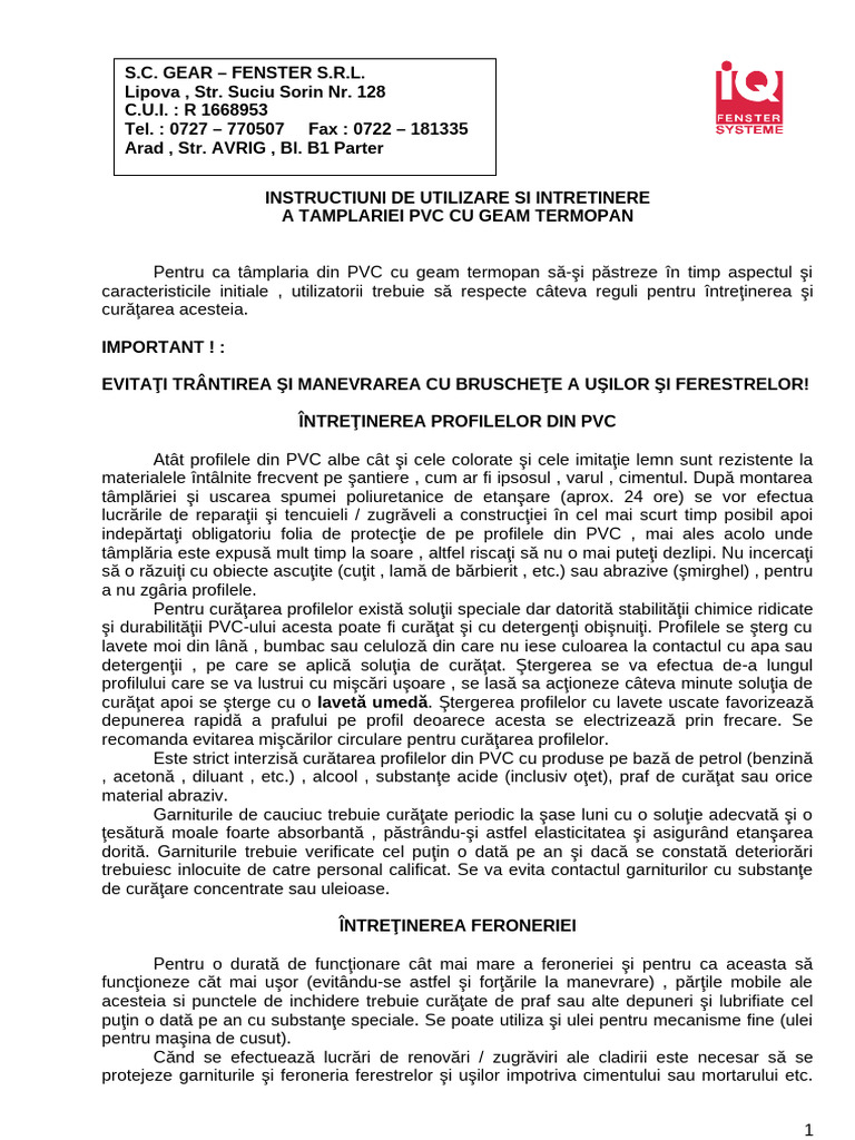 Instructiuni Utilizare Tamplarie PVC | PDF