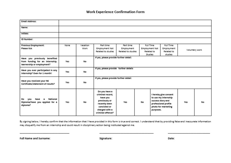 Work Experience Confirmation Form | PDF | Criminal Record | Criminal Law