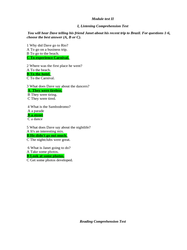 Listening and Reading Comprehension Tests | PDF