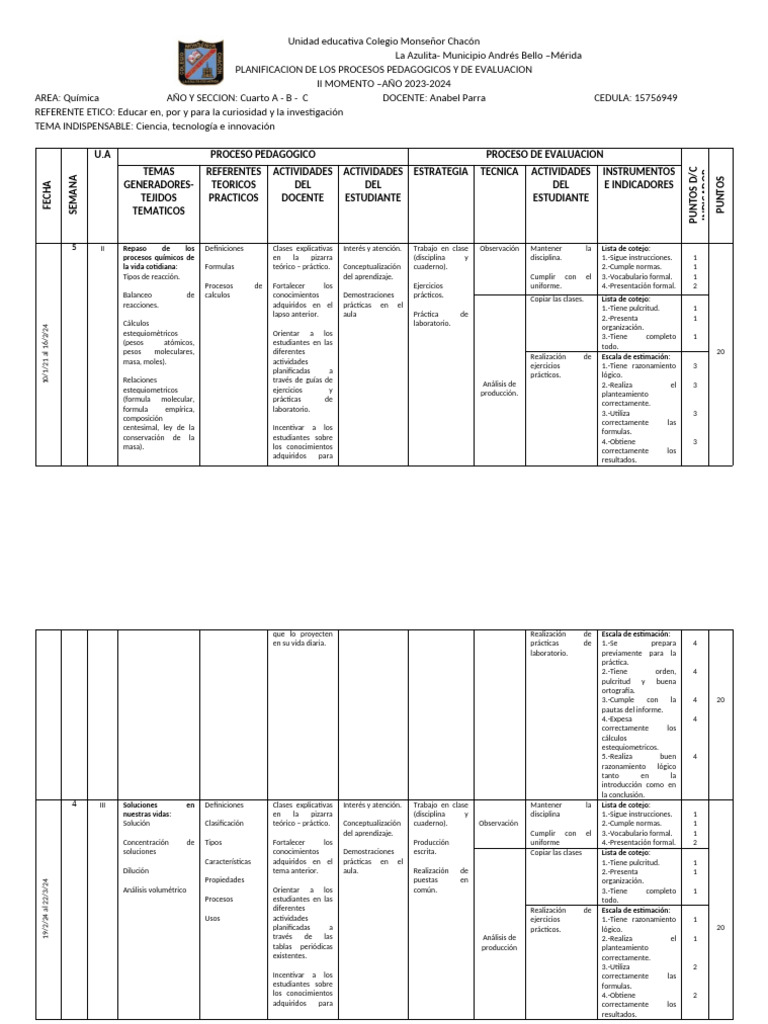 Planificacion Ii Lapso Cuarto 2023-2024 | PDF | Evaluación | Salón de ...