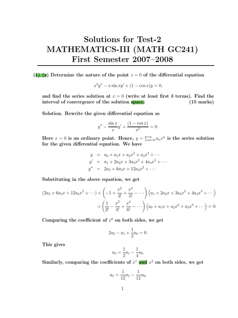 Mathematics III Test-2 Solutions | PDF | Mathematical Physics ...