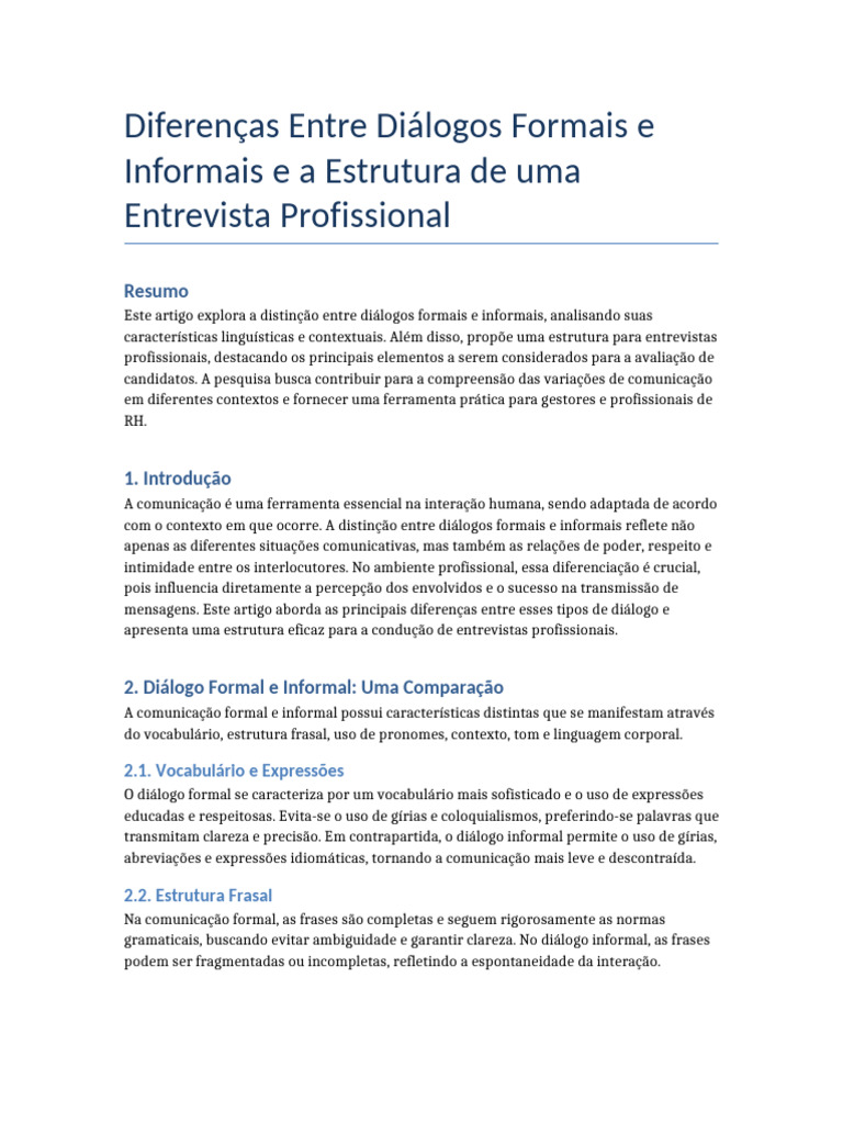 Diálogos Formais e Informais em Entrevistas | PDF | Comunicação ...