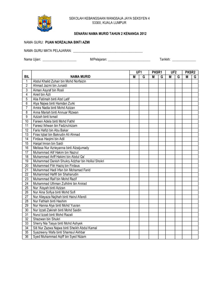 Senarai Nama Murid Tahun 2 Kenanga 2012 Terkini 2 Pdf