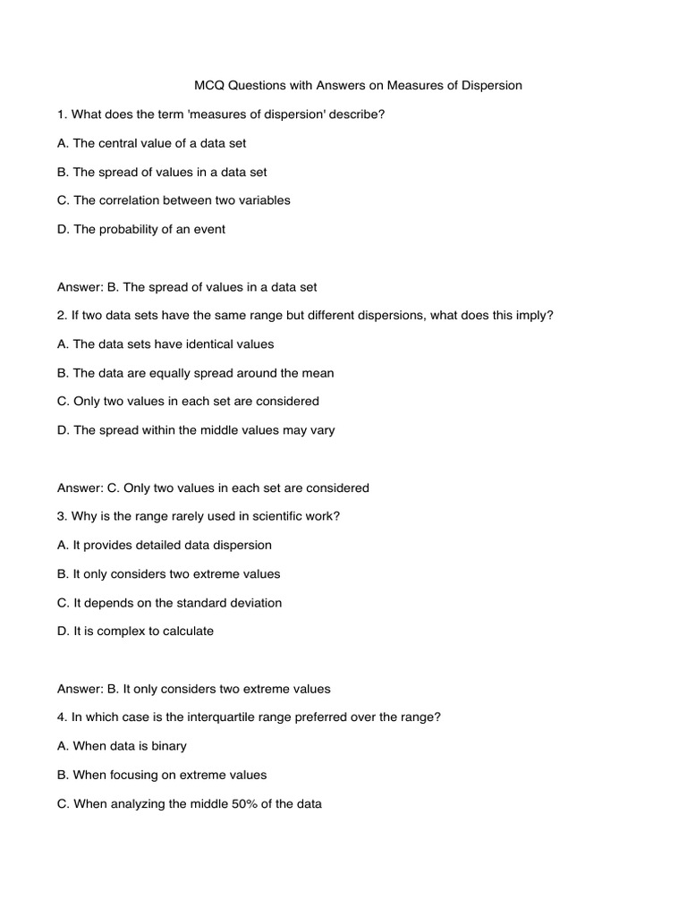MCQs on Measures of Dispersion | PDF | Coefficient Of Variation | Mean