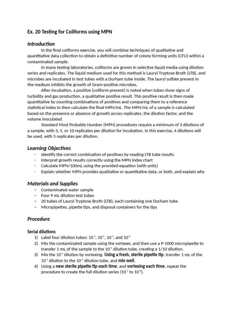 Coliform MPN Testing Procedure Guide | PDF | Colony Forming Unit