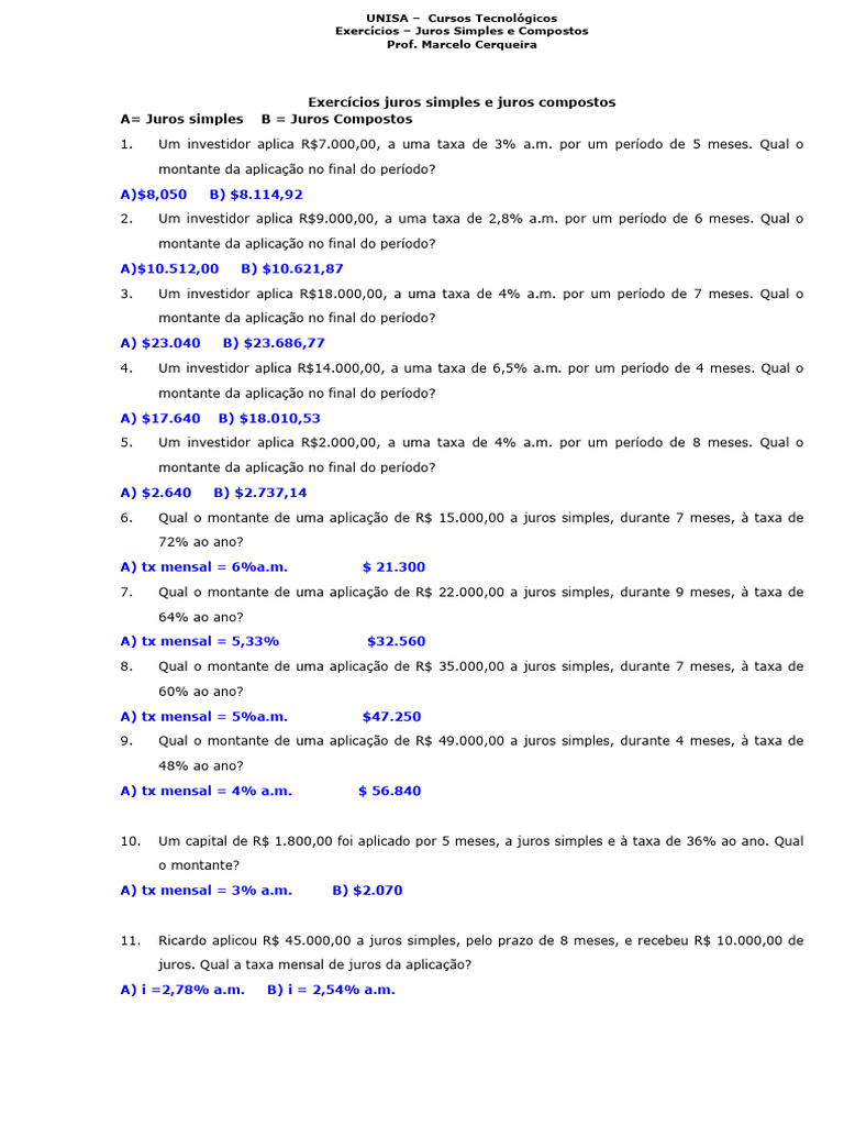 Gabarito - Exercicios Juros Simples e Compostos | PDF | Juros ...