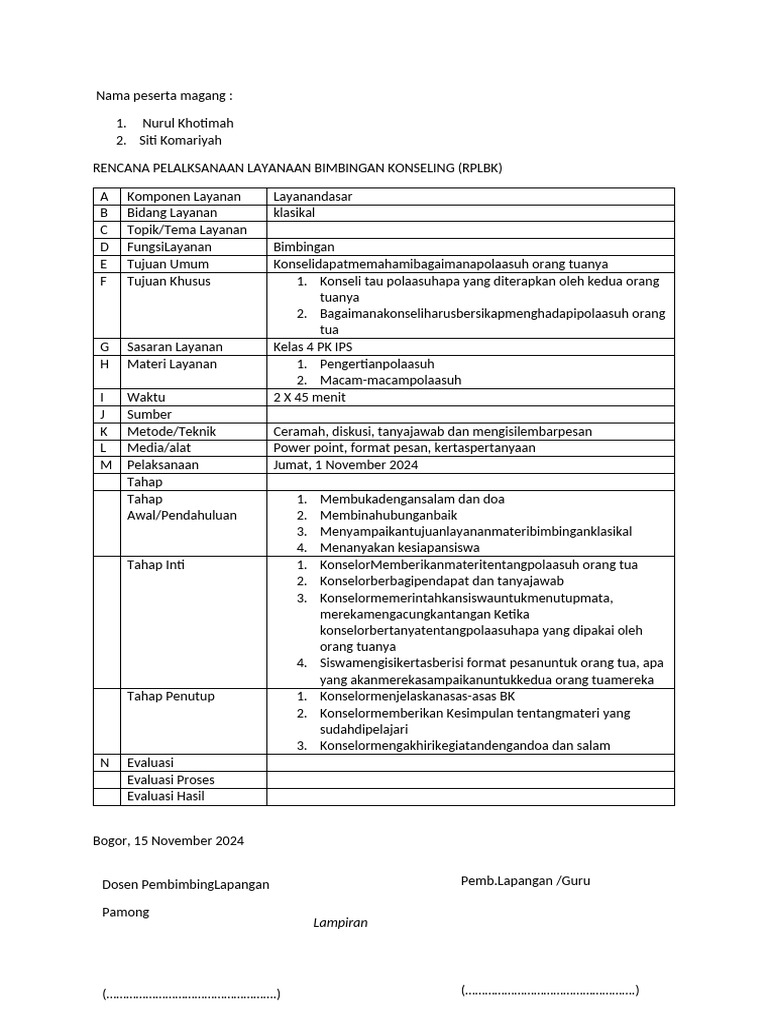 Format RPL Bimbingan Klasikal | PDF