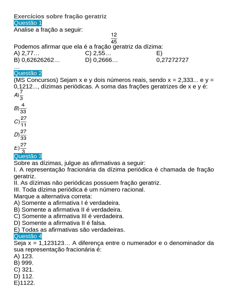 Exercícios de Fração Geratriz | PDF | Número racional | Divisão ...