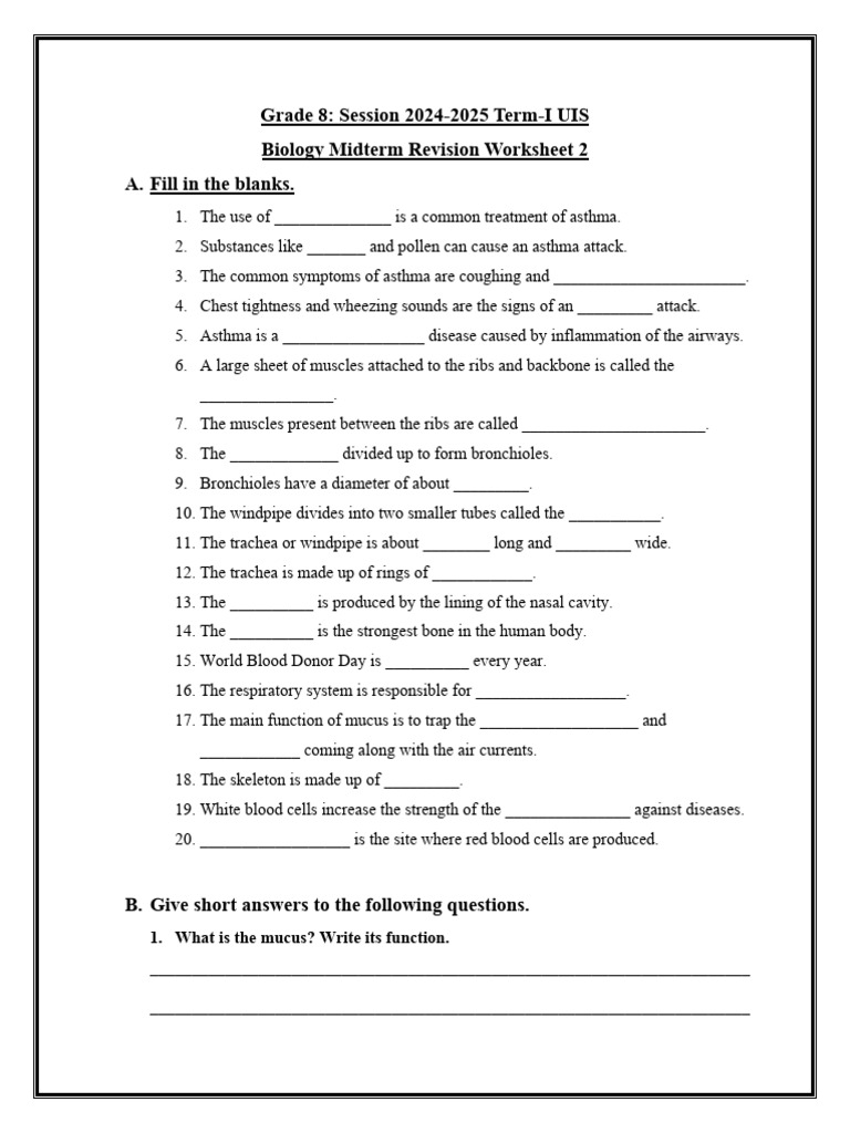 Grade 8 Biology Midterm Revision Worksheet | PDF | Asthma | Diseases ...