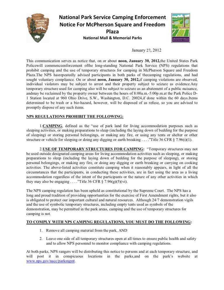 NPS Camping Regulations Occupy DC | PDF