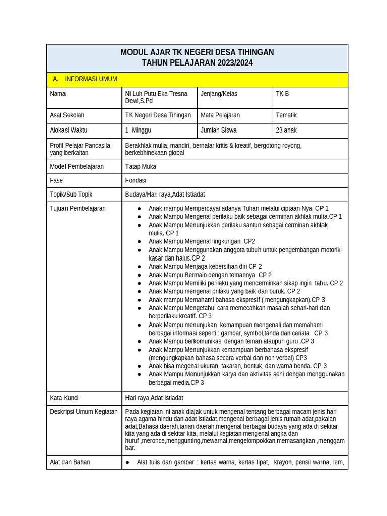 Modul Ajar PPG PAUD: Budaya dan Hari Raya | PDF
