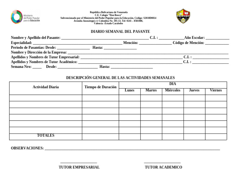 Diario Semanal Del Pasante | PDF | Crecimiento personal y profesional