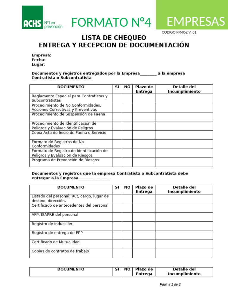 Formato N°4 Lista Chequeo Entrega y Recepcion de Informacion - FR052V01 ...