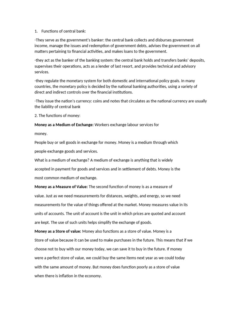 Central Bank Functions and Money Roles | PDF | Taxes | Money