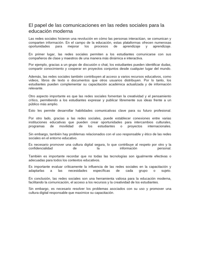 El Papel de Las Comunicaciones en Las Redes Sociales para La Educación ...